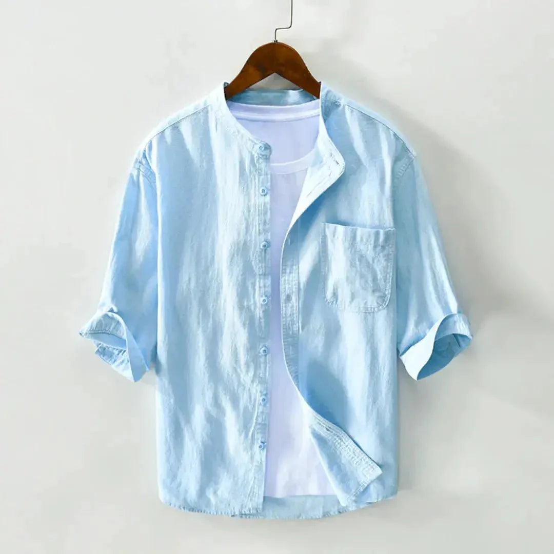Men's Linen Shirt - Relaxed Fit Three Quarter Sleeve Button Front