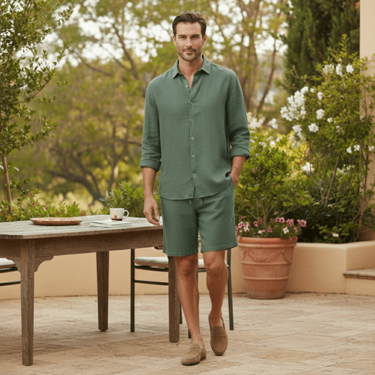 Men's Linen Shirt & Shorts Set - Long Sleeve Loose Fit Button Closure