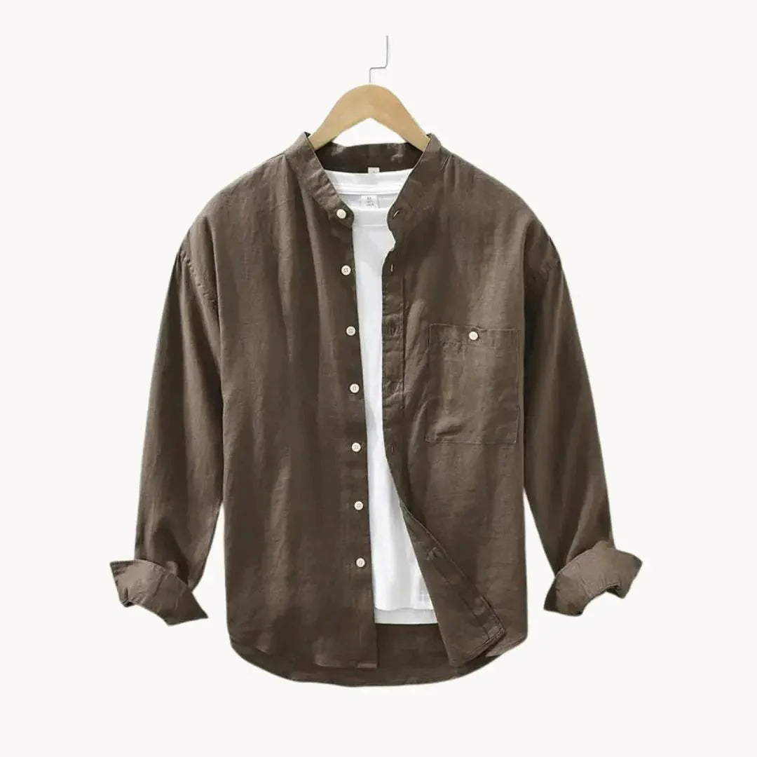 Men's Linen Shirt - Slim Fit Chest Pocket Straight Hem
