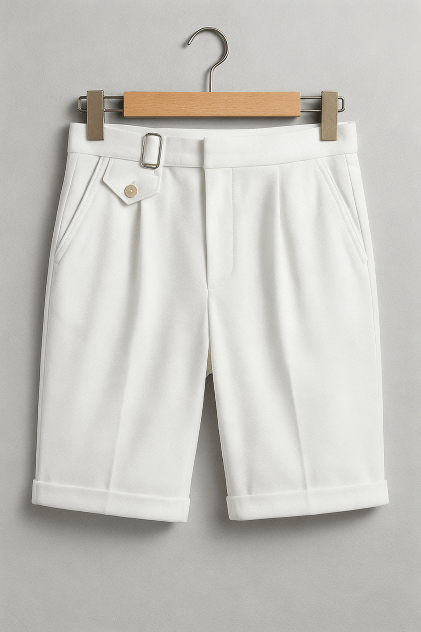 Men's Linen Shorts - Front Pleats Turn-Up Hem Side Buckle Closure