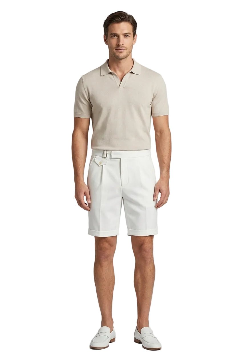 Men's Linen Shorts - Front Pleats Turn-Up Hem Side Buckle Closure