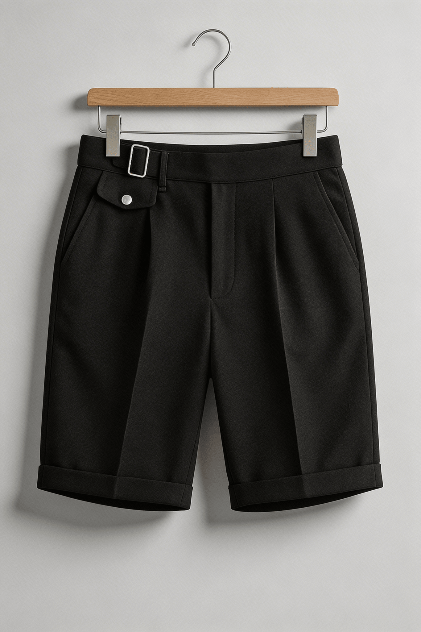 Men's Linen Shorts - Front Pleats Turn-Up Hem Side Buckle Closure
