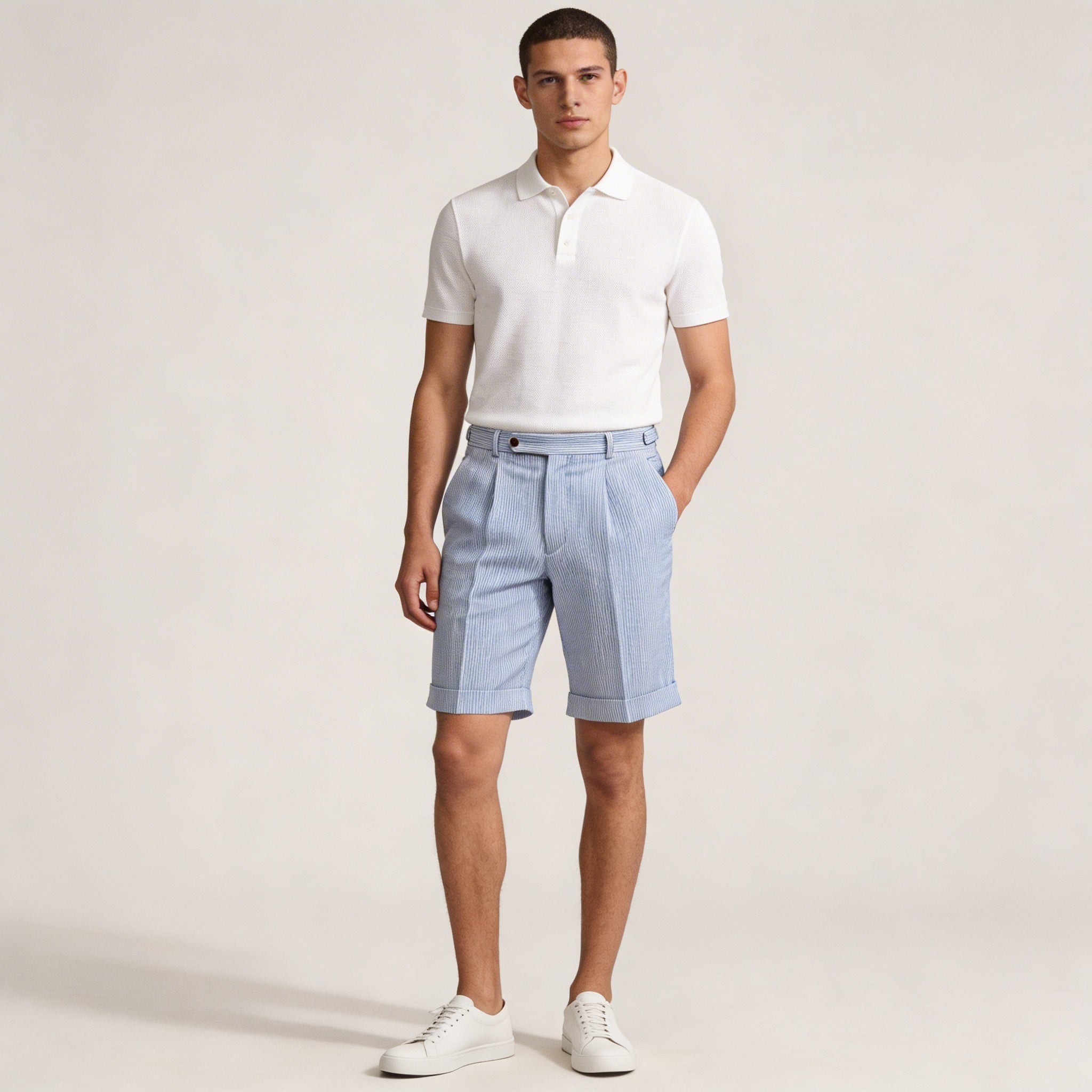 Men's Linen Shorts - High Waist Front Pleats Button Closure