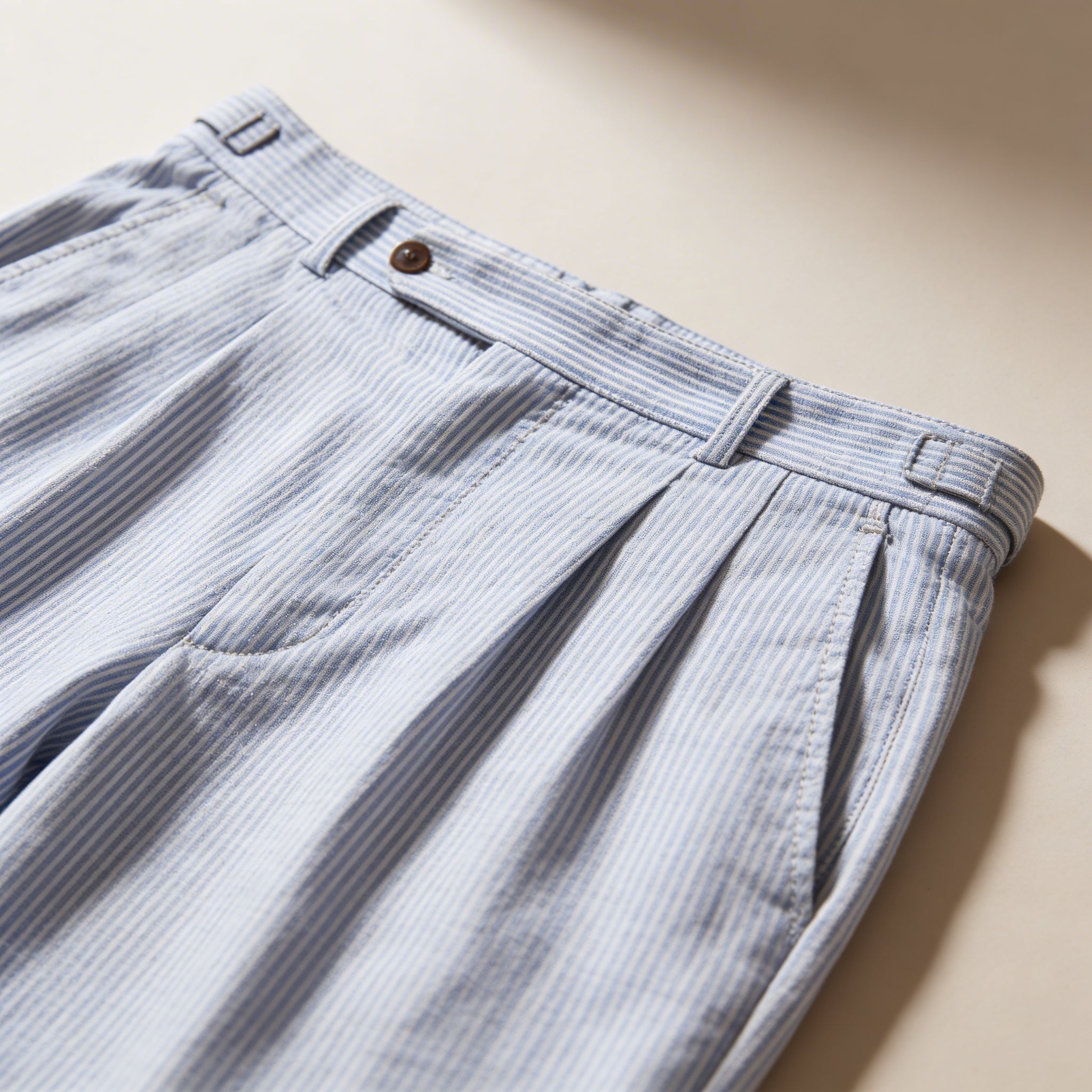 Men's Linen Shorts - High Waist Front Pleats Button Closure