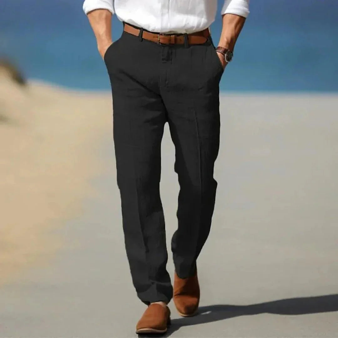 Men's Linen Trousers - Loose Fit Front Zip Closure & Belt Loops