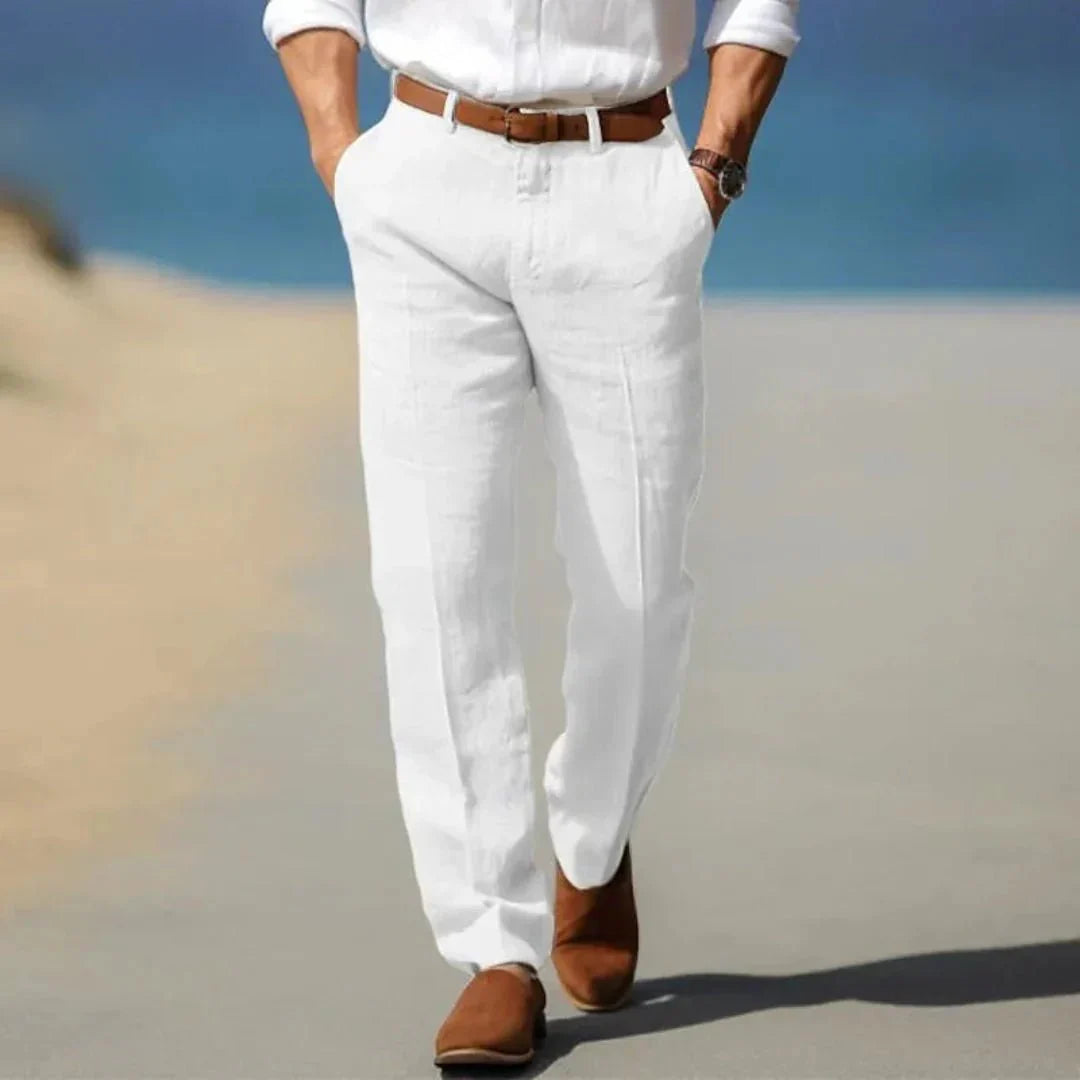 Men's Linen Trousers - Loose Fit Front Zip Closure & Belt Loops