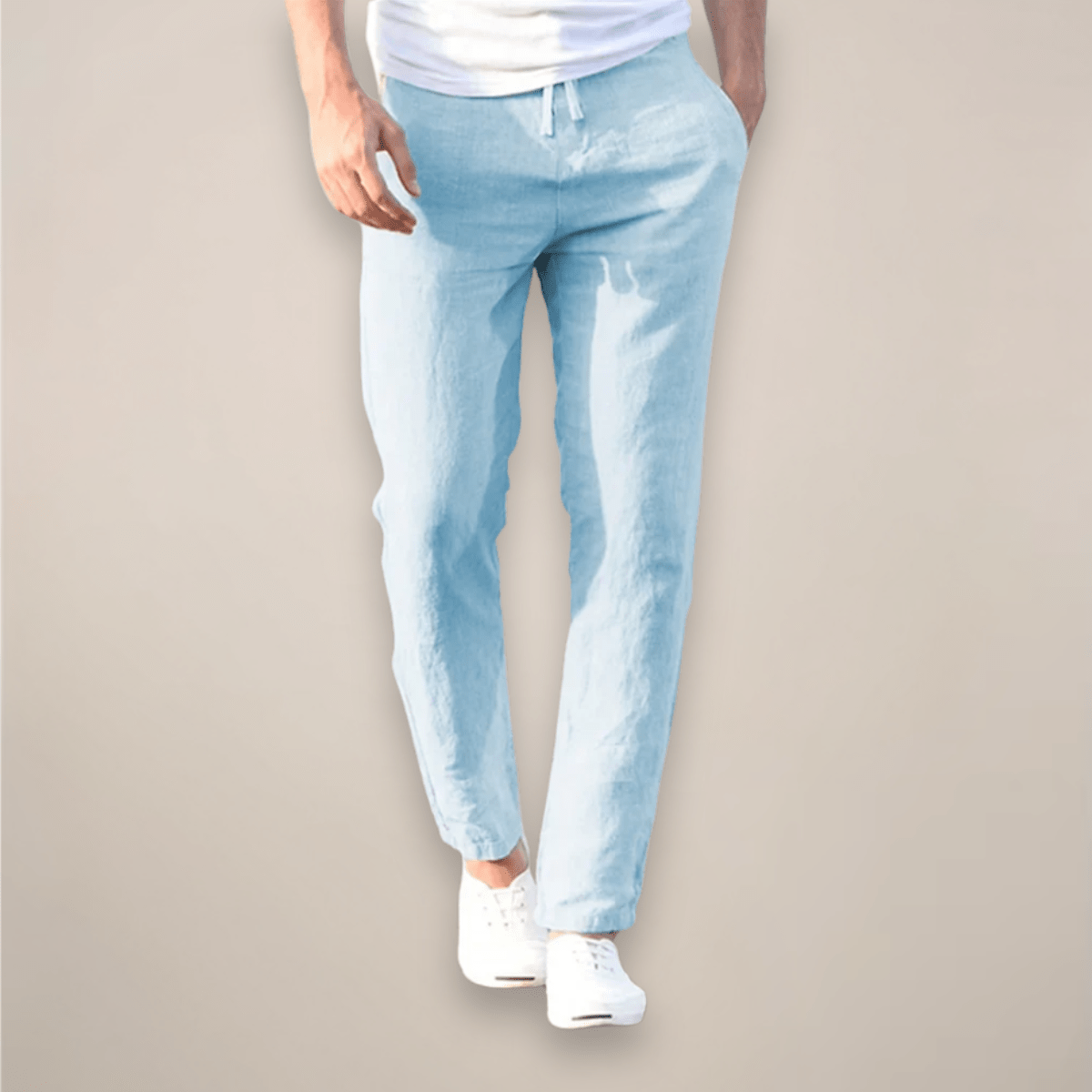 Men's Linen Trousers - Relaxed Fit Long Length Elastic Waistband