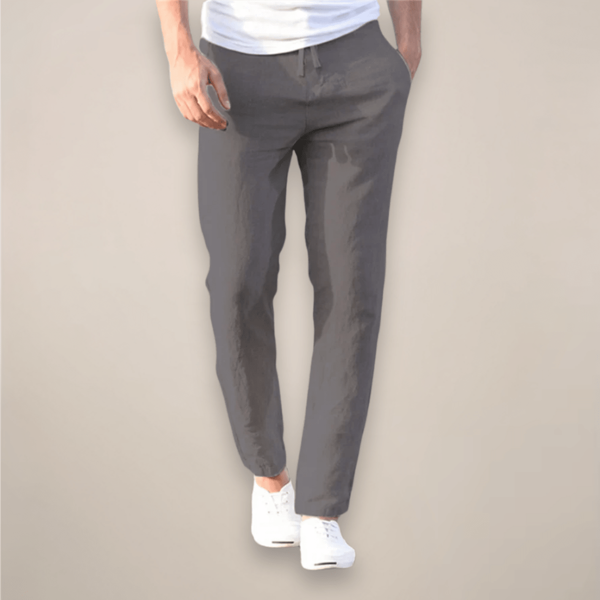 Men's Linen Trousers - Relaxed Fit Long Length Elastic Waistband