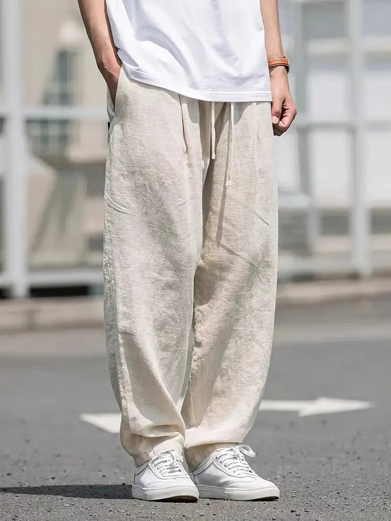 Men's Linen Trousers - Wide Leg Full Length Elastic Drawstring Waist