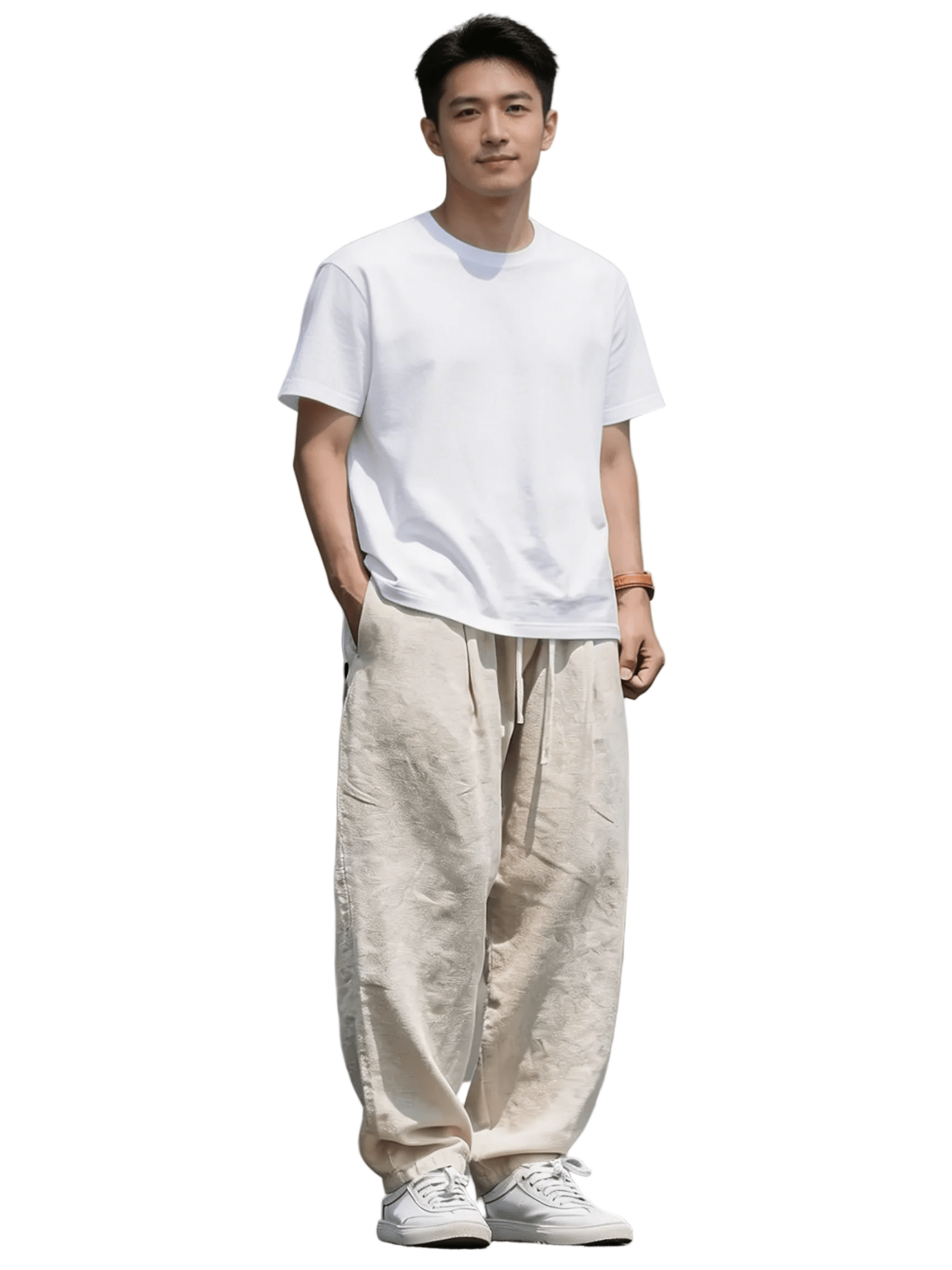 Men's Linen Trousers - Wide Leg Full Length Elastic Drawstring Waist