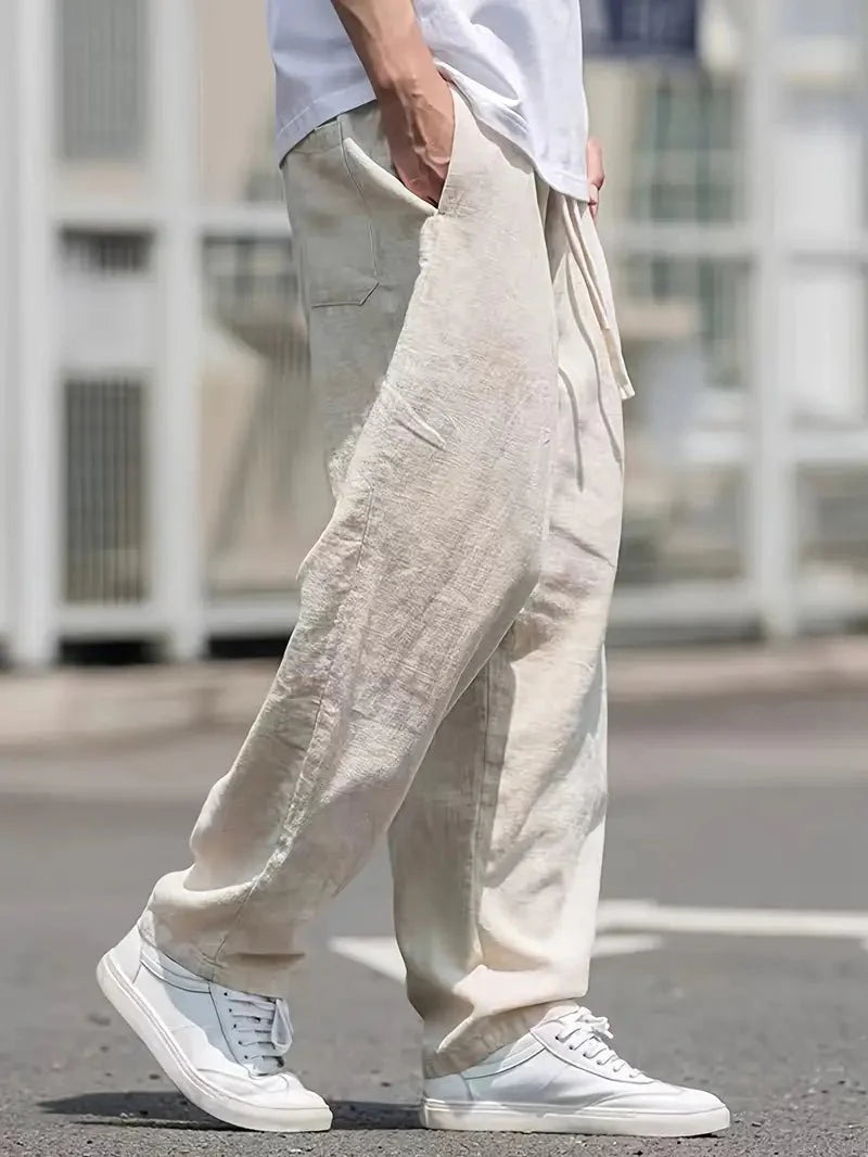 Men's Linen Trousers - Wide Leg Full Length Elastic Drawstring Waist