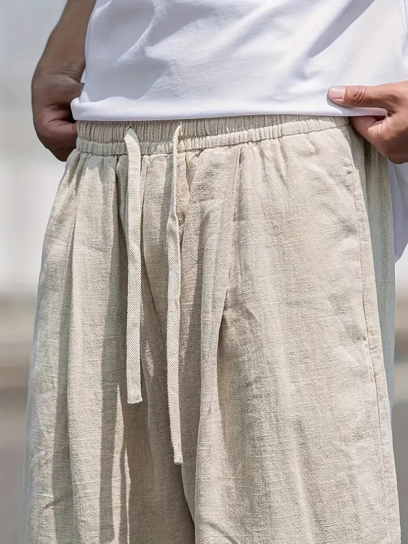 Men's Linen Trousers - Wide Leg Full Length Elastic Drawstring Waist