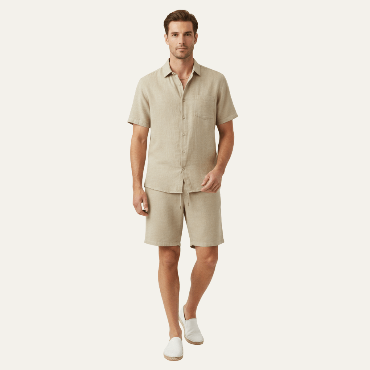 Men's Linen Two-Piece Set - Relaxed Fit Short Sleeve Button Shirt & Shorts