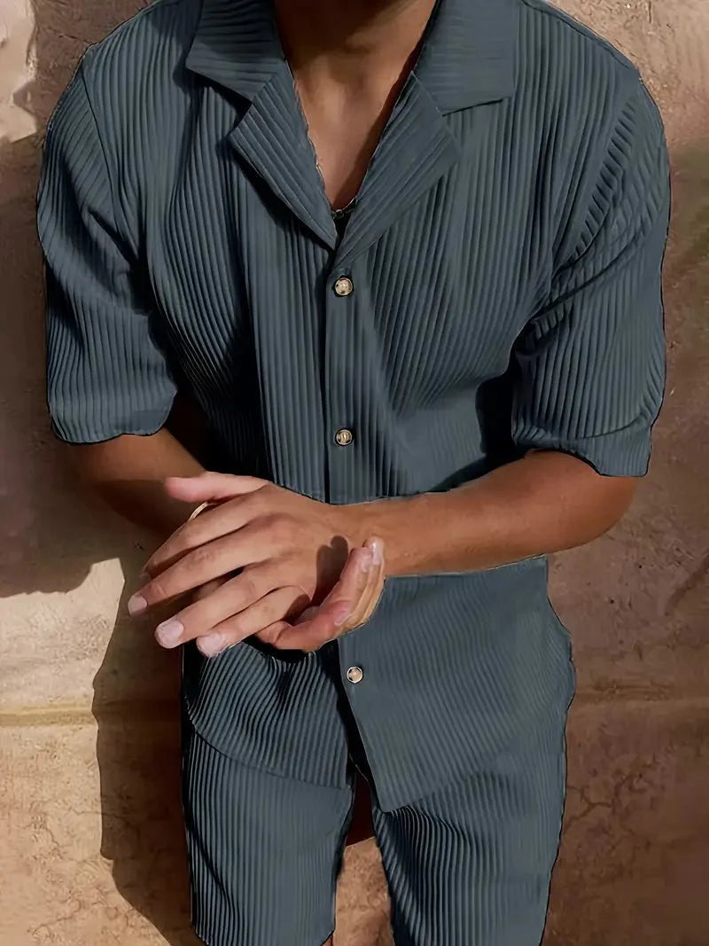 Men's Linen Two-Piece Set - Relaxed Fit Short Sleeve Open Collar & Trousers