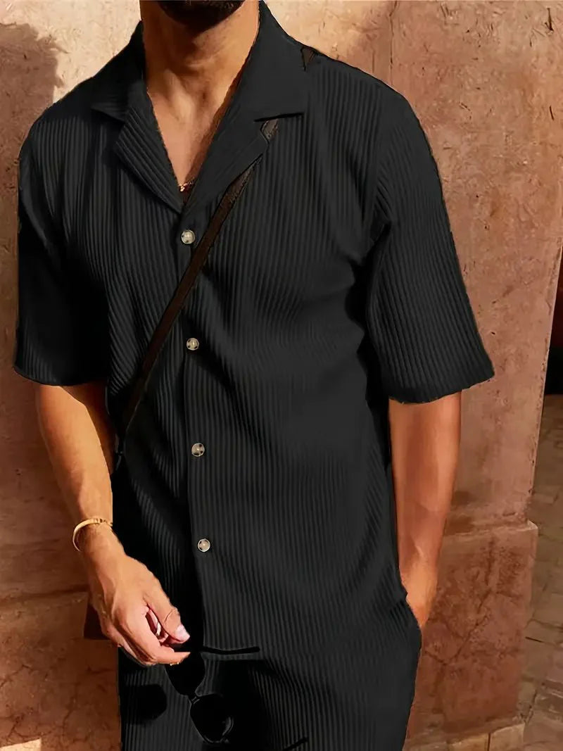 Men's Linen Two-Piece Set - Relaxed Fit Short Sleeve Open Collar & Trousers