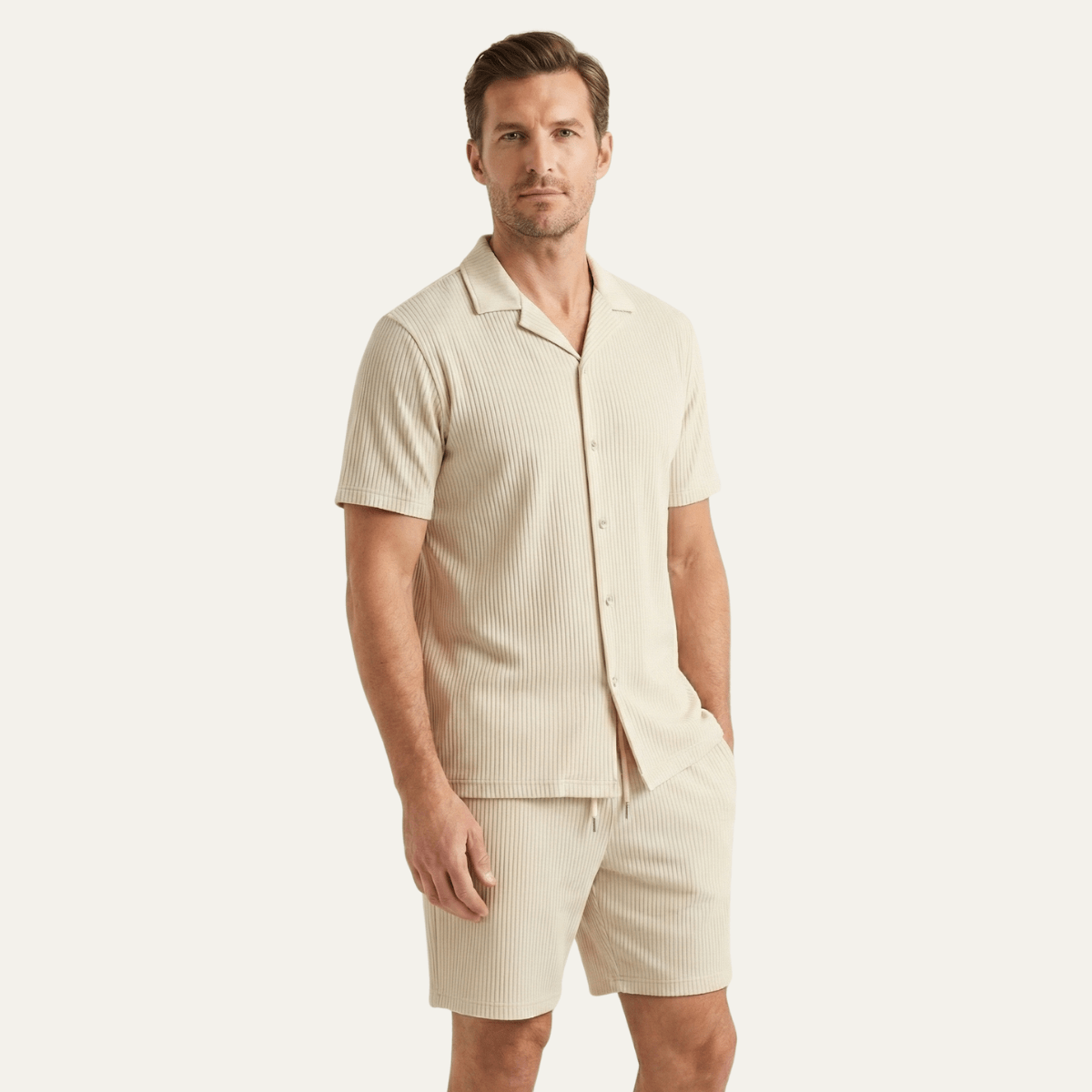 Men's Lounge Set — Ribbed Short Sleeve Top & Drawstring Shorts