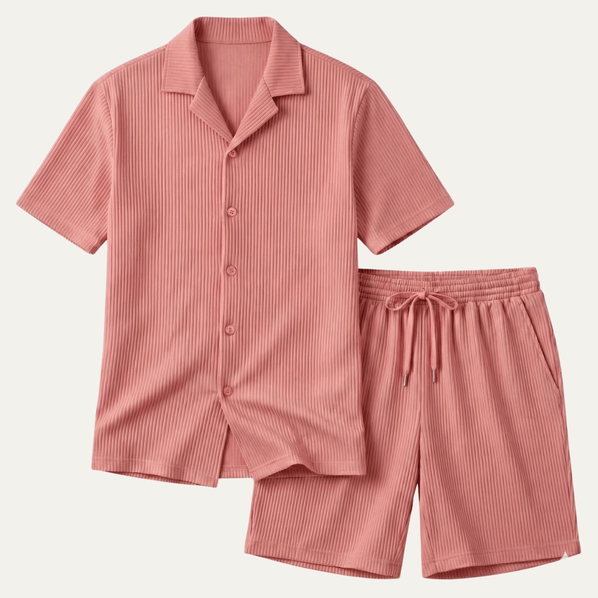 Men's Lounge Set — Ribbed Short Sleeve Top & Drawstring Shorts