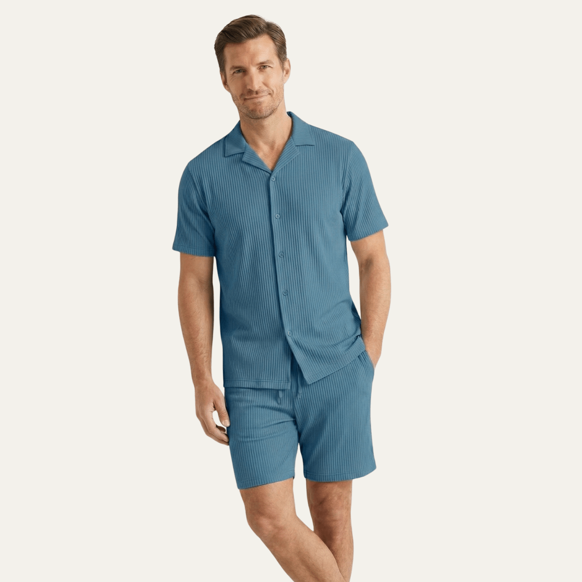 Men's Lounge Set — Ribbed Short Sleeve Top & Drawstring Shorts