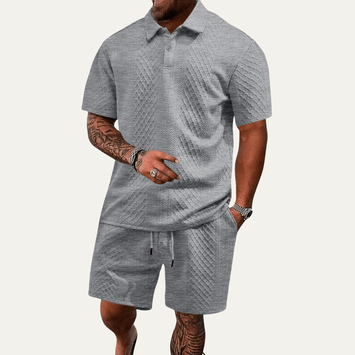 Men's Polo Set — Jacquard Short Sleeve Drawstring Shorts Design
