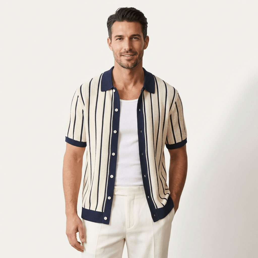 Men's Polo Shirt — Collared Knit Style Full Button Closure