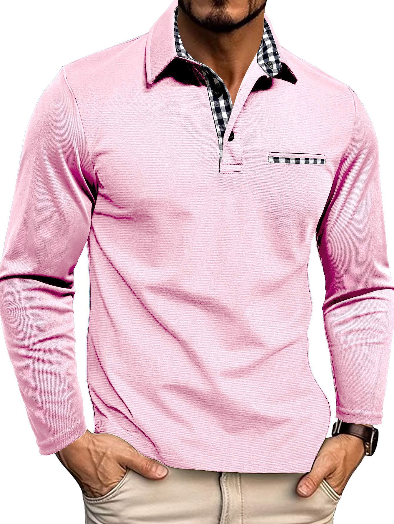 Men's Polo Shirt — Regular Fit Long Sleeve Button Placket