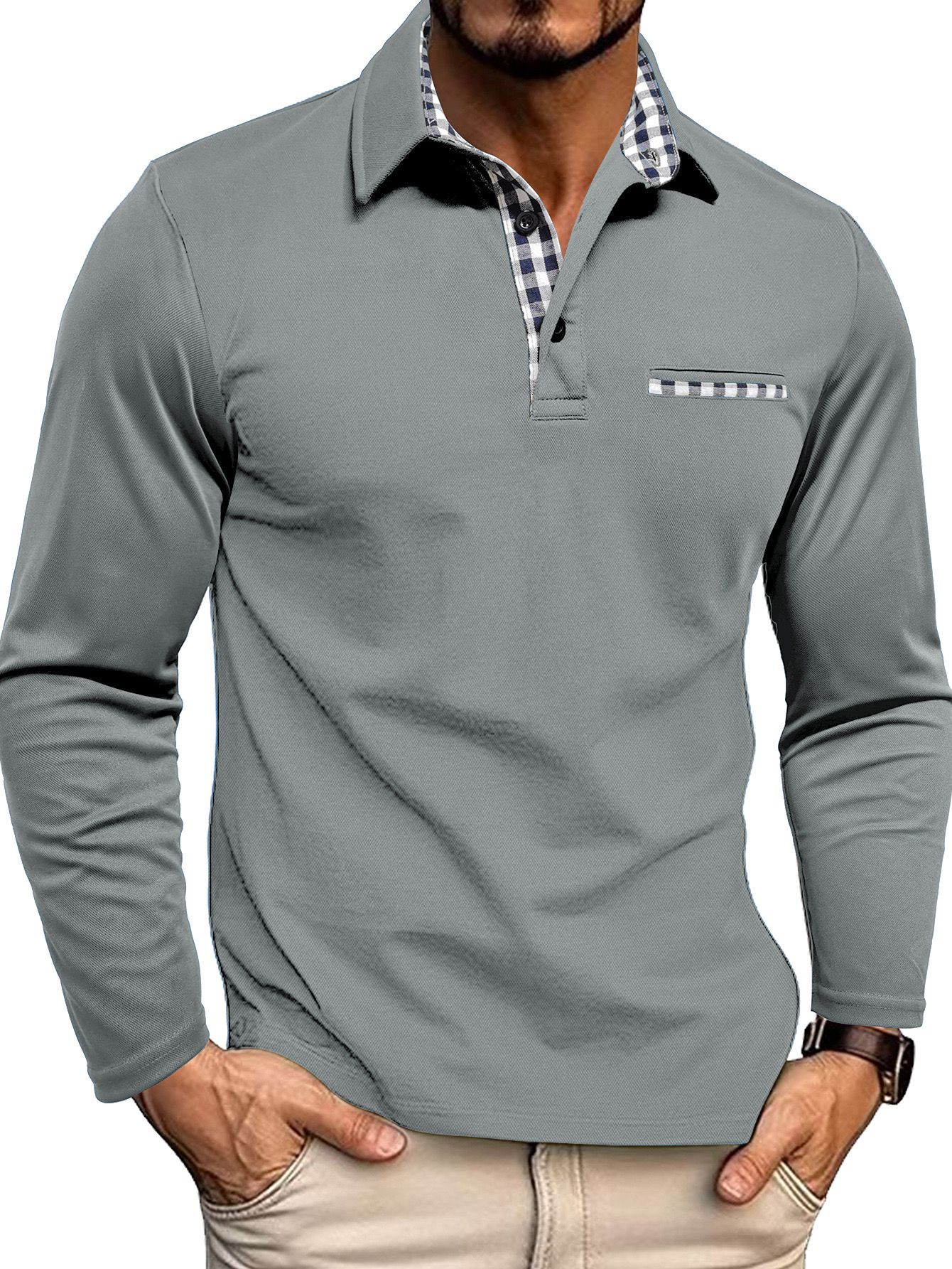 Men's Polo Shirt — Regular Fit Long Sleeve Button Placket