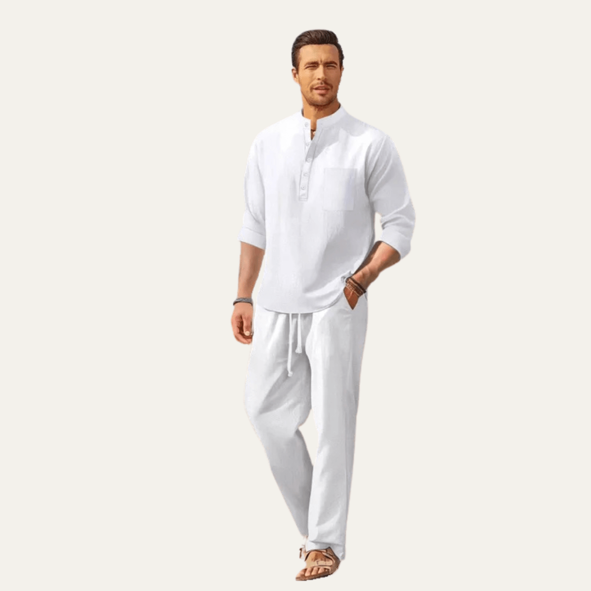 Men's Shirt Set — Long Sleeve Stand Collar Drawstring Pants