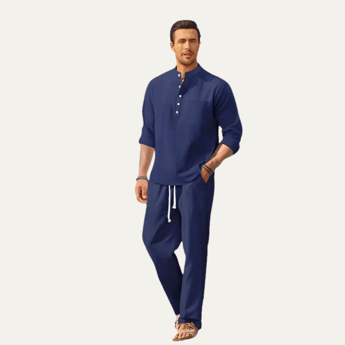 Men's Shirt Set — Long Sleeve Stand Collar Drawstring Pants