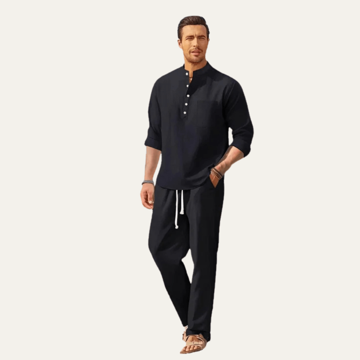 Men's Shirt Set — Long Sleeve Stand Collar Drawstring Pants