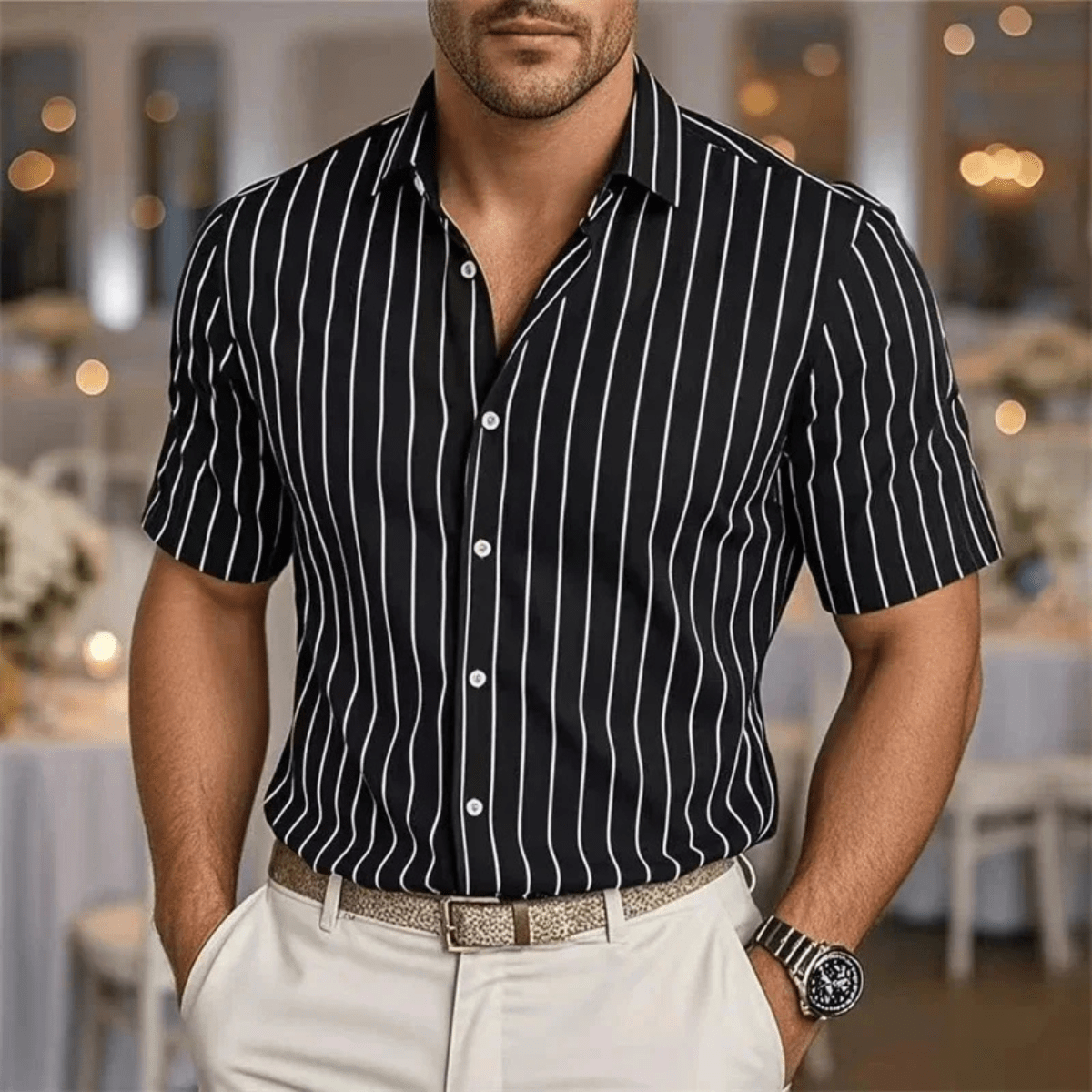 Men's Shirt — Striped Pattern Long Sleeve Button Placket