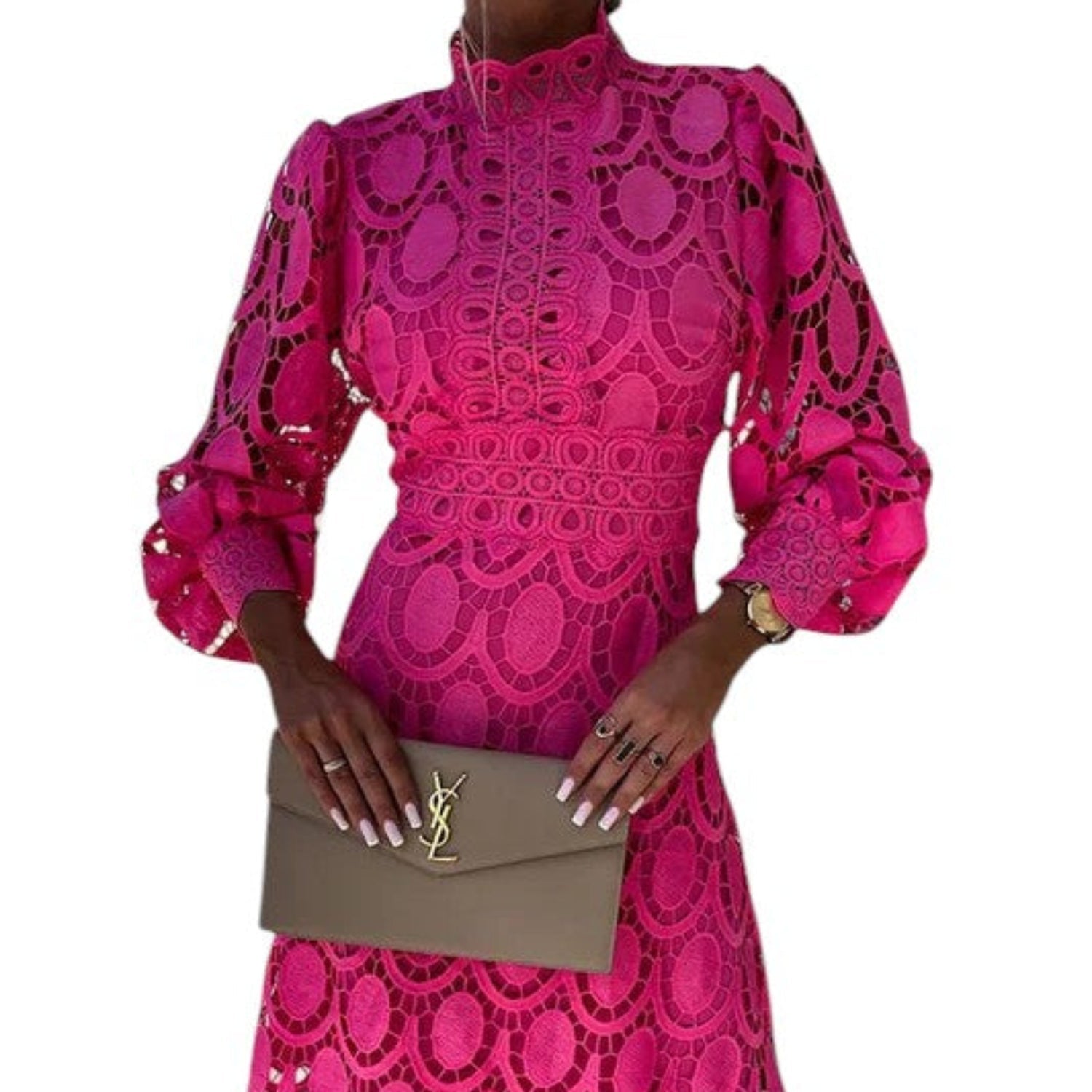 Midi Dress Women Lace High Neck Puff Sleeves Elegant Occasions