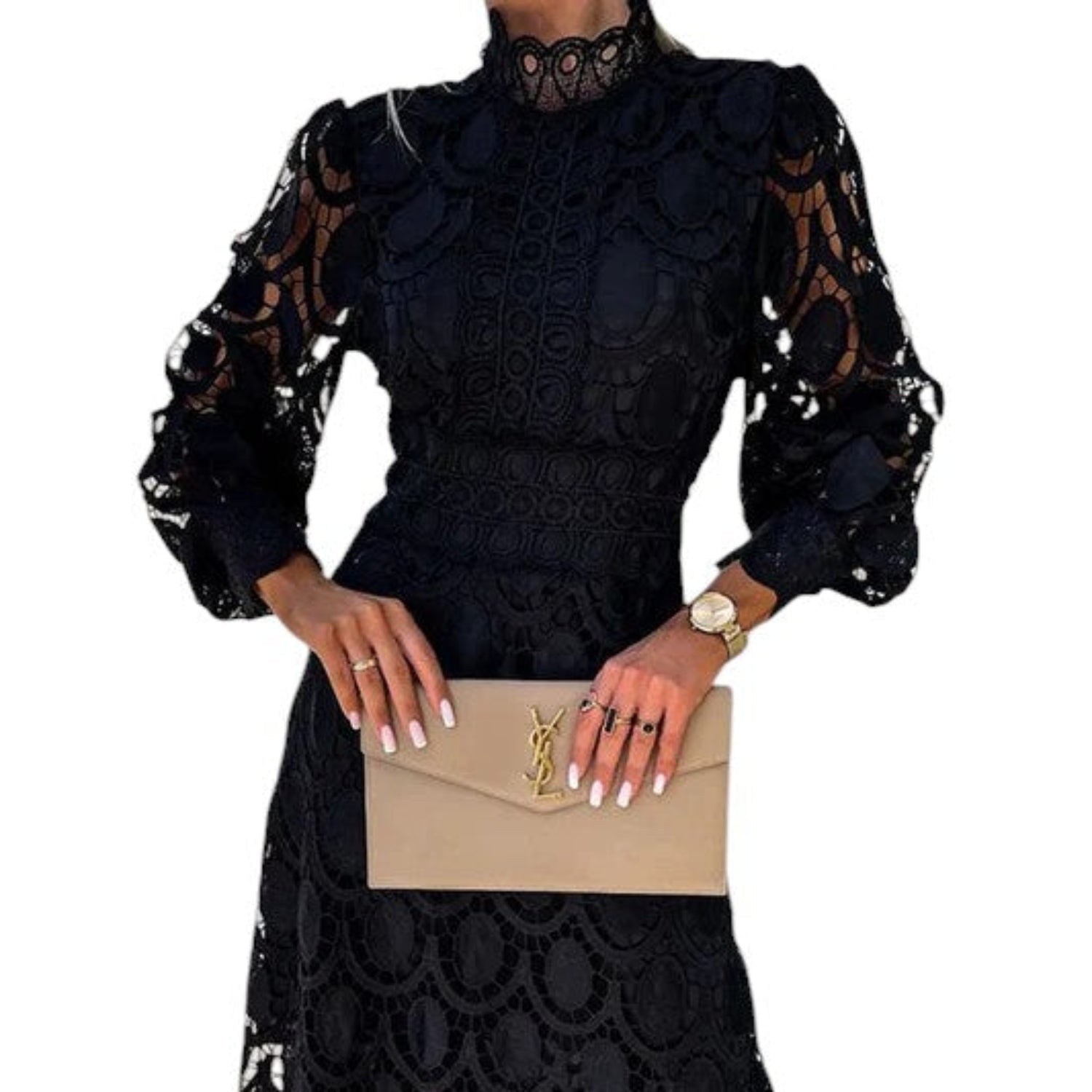 Midi Dress Women Lace High Neck Puff Sleeves Elegant Occasions