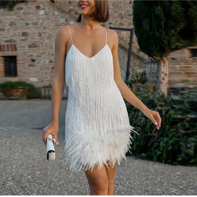 Mini Dress Women Sequined Surface with Feather Detail Design Feature