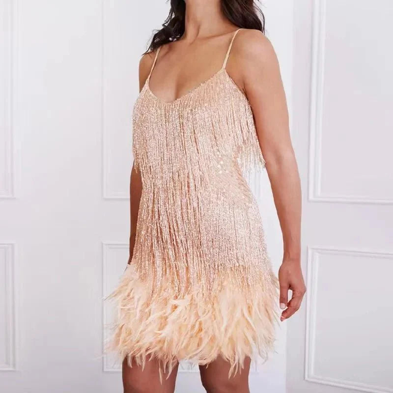 Mini Dress Women Sequined Surface with Feather Detail Design Feature