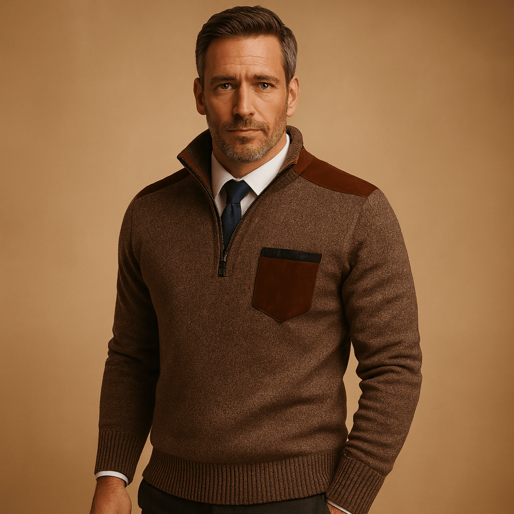 Pullover Sweater Men Half Zip Collared Design with Chest Pocket
