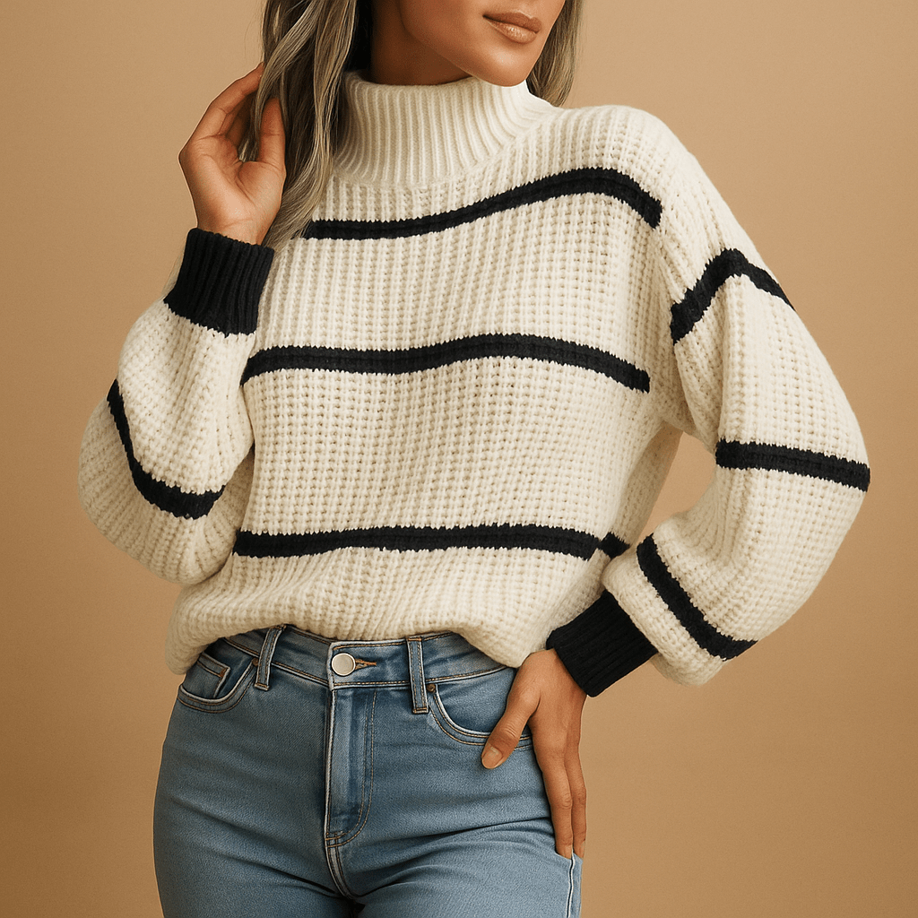 Sweater Women High Neck Long Sleeve Striped Pattern Loose Fit Cut