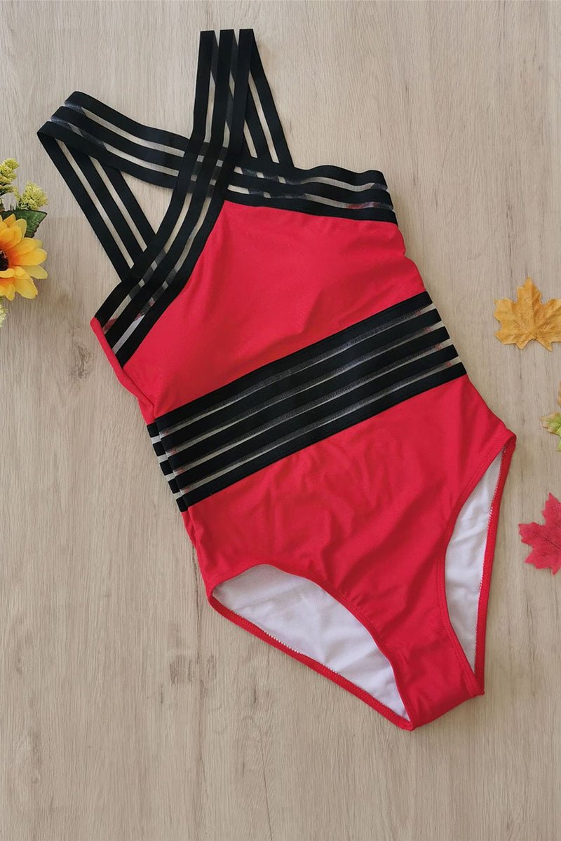 Swimsuit Women One Piece Halter Strappy Sheer Waist Panel