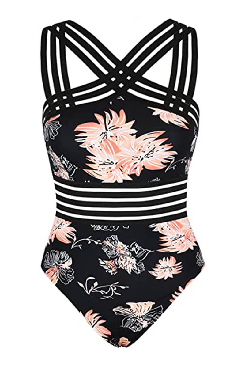 Swimsuit Women One Piece Halter Strappy Sheer Waist Panel