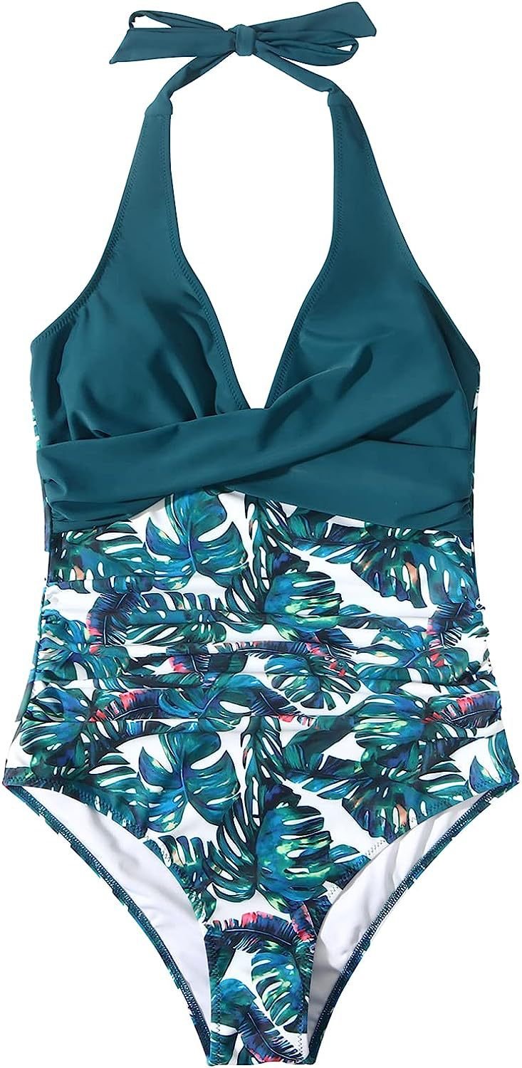 Swimsuit Women V Neck Halter Backless One Piece Ruched Waist