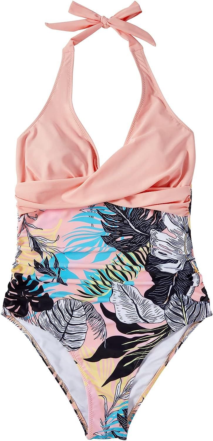 Swimsuit Women V Neck Halter Backless One Piece Ruched Waist