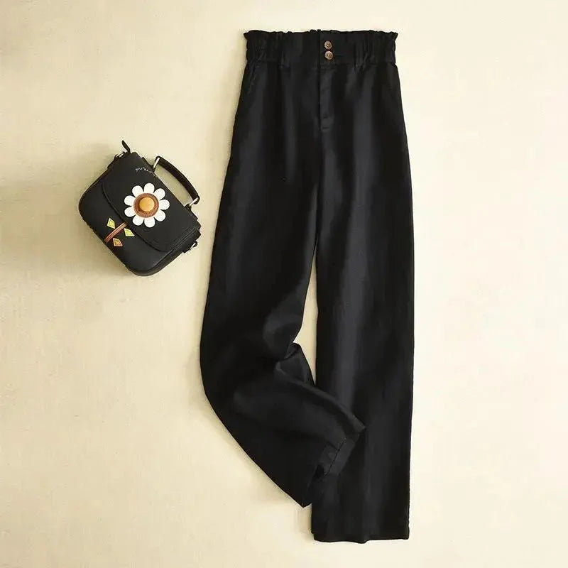 Trousers Women Linen High Waist Wide Fit Elasticated Waistband