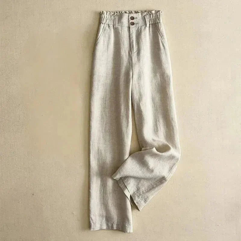 Trousers Women Linen High Waist Wide Fit Elasticated Waistband