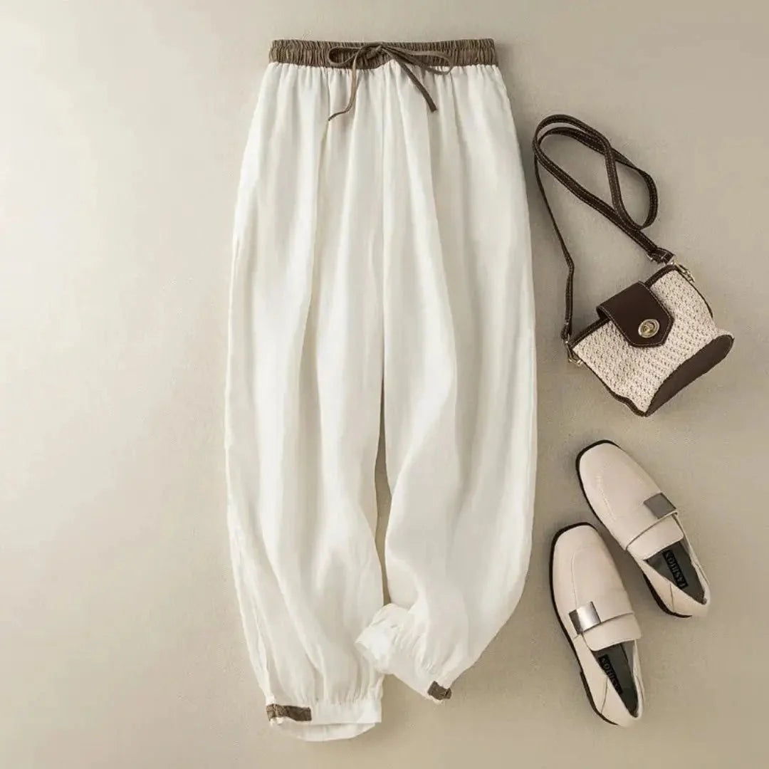 Trousers Women Linen Relaxed Fit Drawstring Adjustable Cuffs
