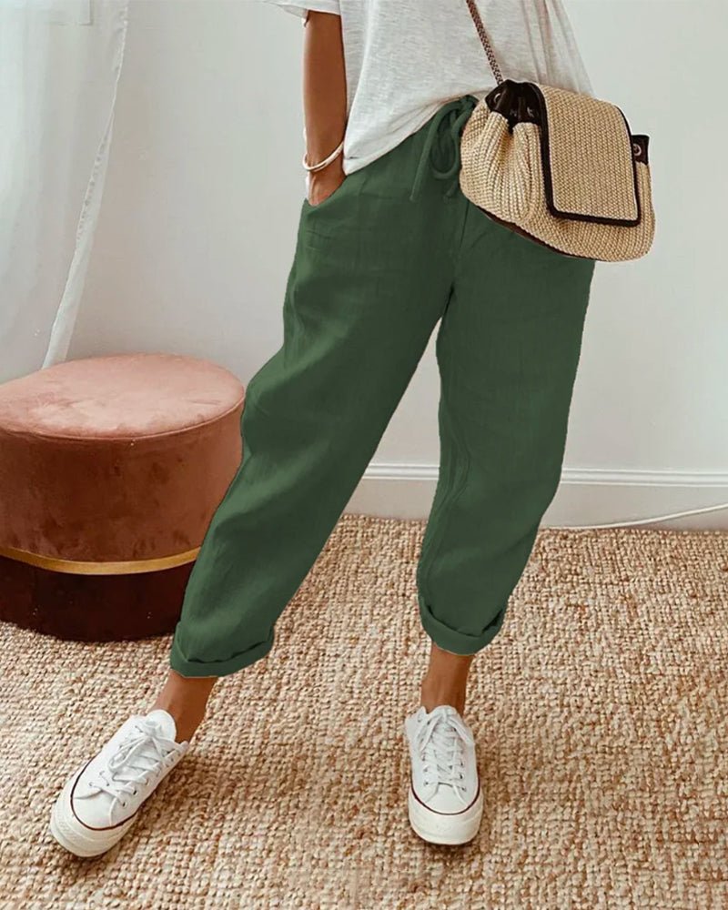 Trousers Women Linen Relaxed Fit Drawstring Waist Full Length