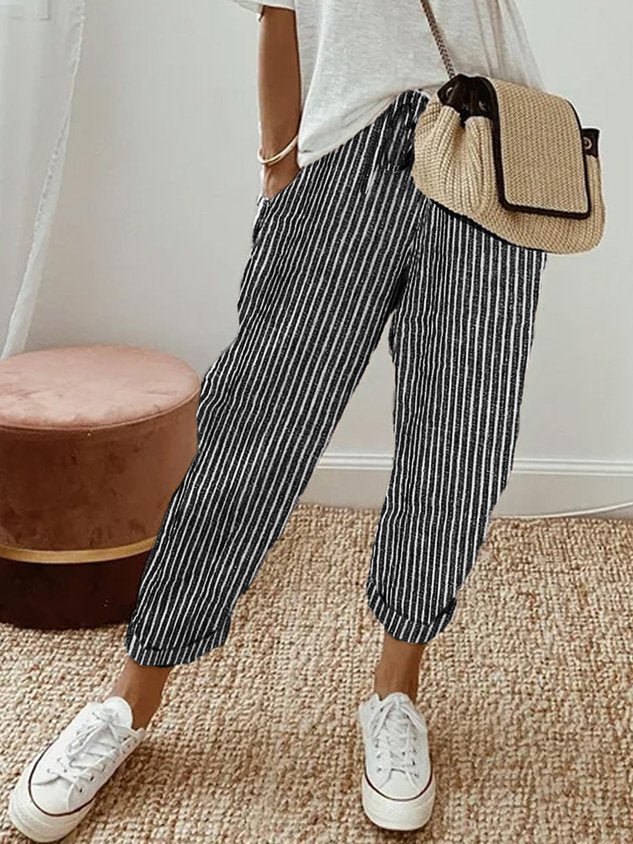 Trousers Women Linen Relaxed Fit Drawstring Waist Full Length