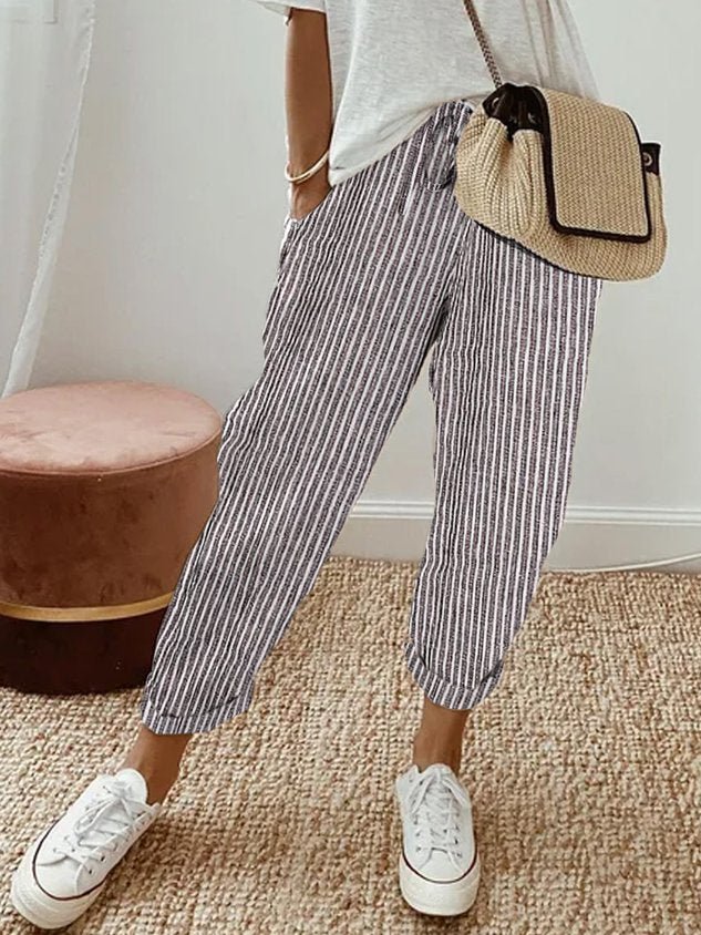 Trousers Women Linen Relaxed Fit Drawstring Waist Full Length
