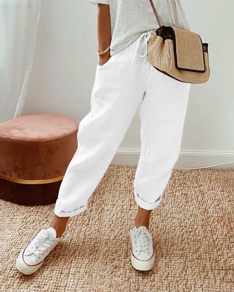 Trousers Women Linen Relaxed Fit Drawstring Waist Full Length