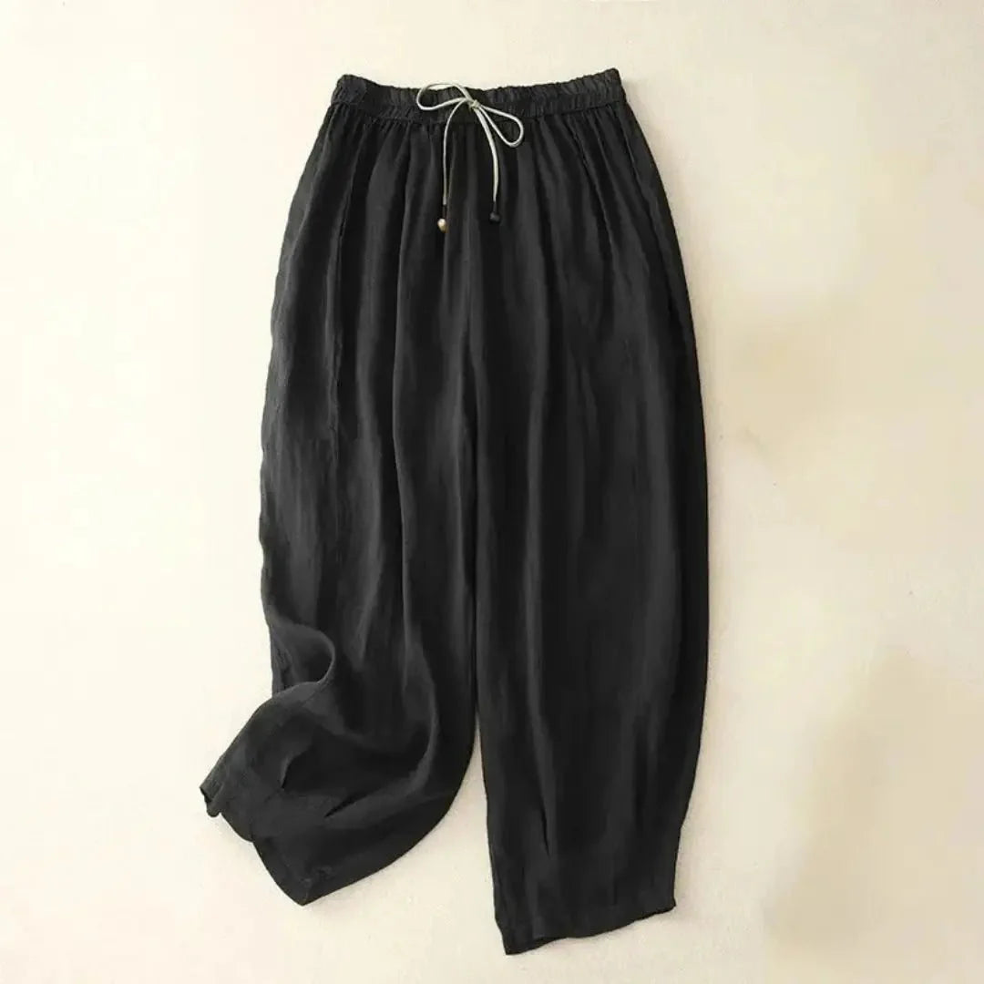 Trousers Women Linen Relaxed Fit Tapered Leg Drawstring Waist