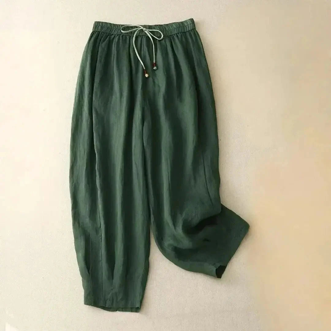 Trousers Women Linen Relaxed Fit Tapered Leg Drawstring Waist