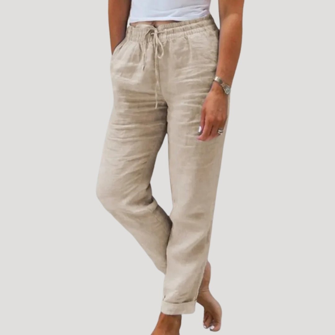 Trousers Women Linen Tapered Fit Elastic Drawstring Waistband